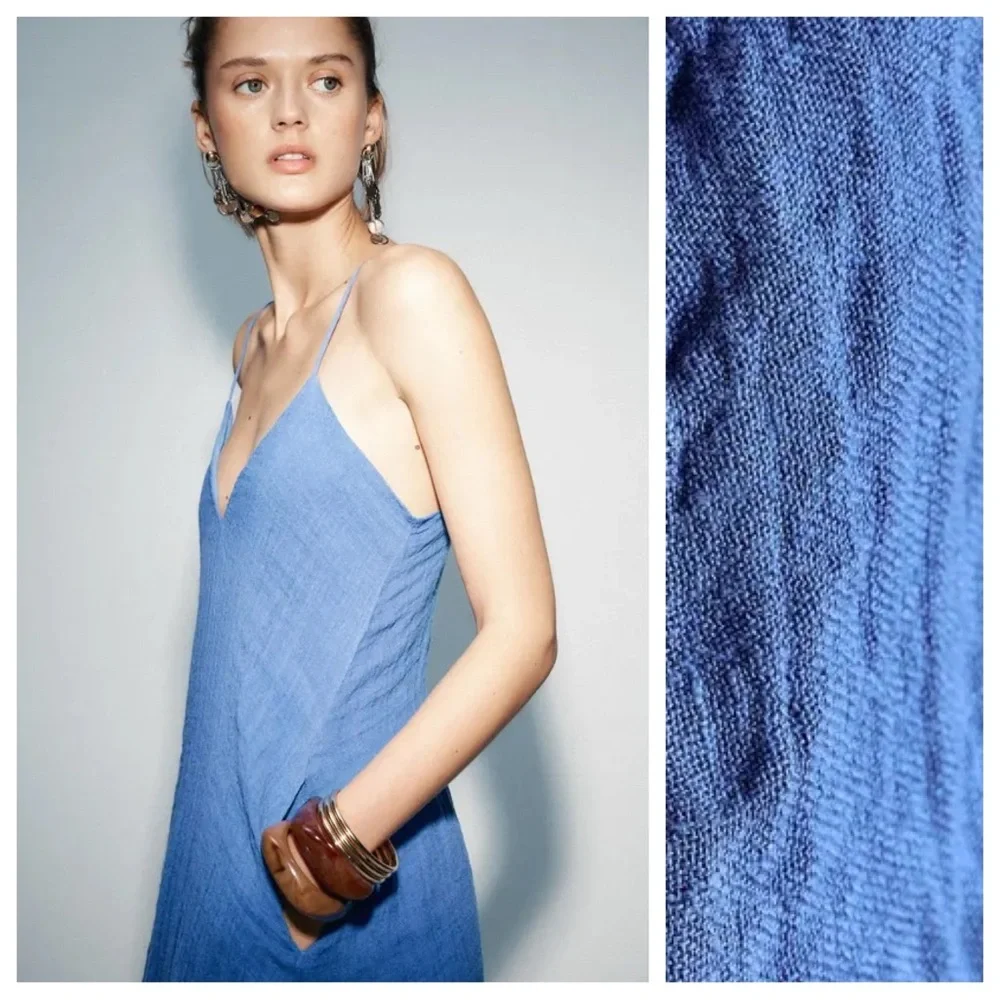 NWT Zara Blue Strappy V-Neck Midi Dress